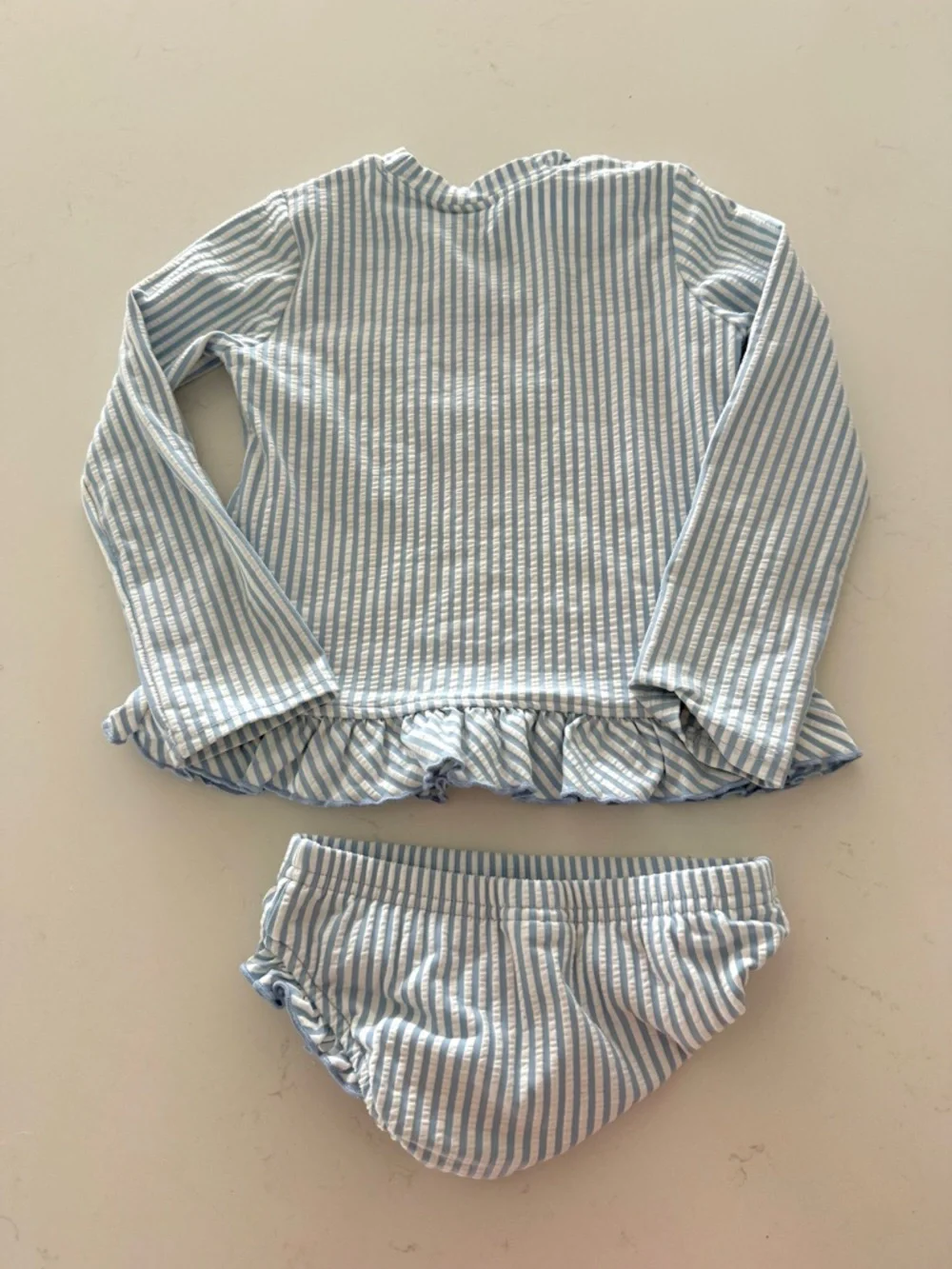 Monogrammed Seersucker Ruffle Rash Guard Set - Blue & White - Picture 2 of 2